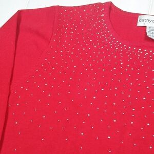 Lg Cathy Daniels Women's Red Silver Studded Sweater Top 3/4 Sleeves 100% Cotton